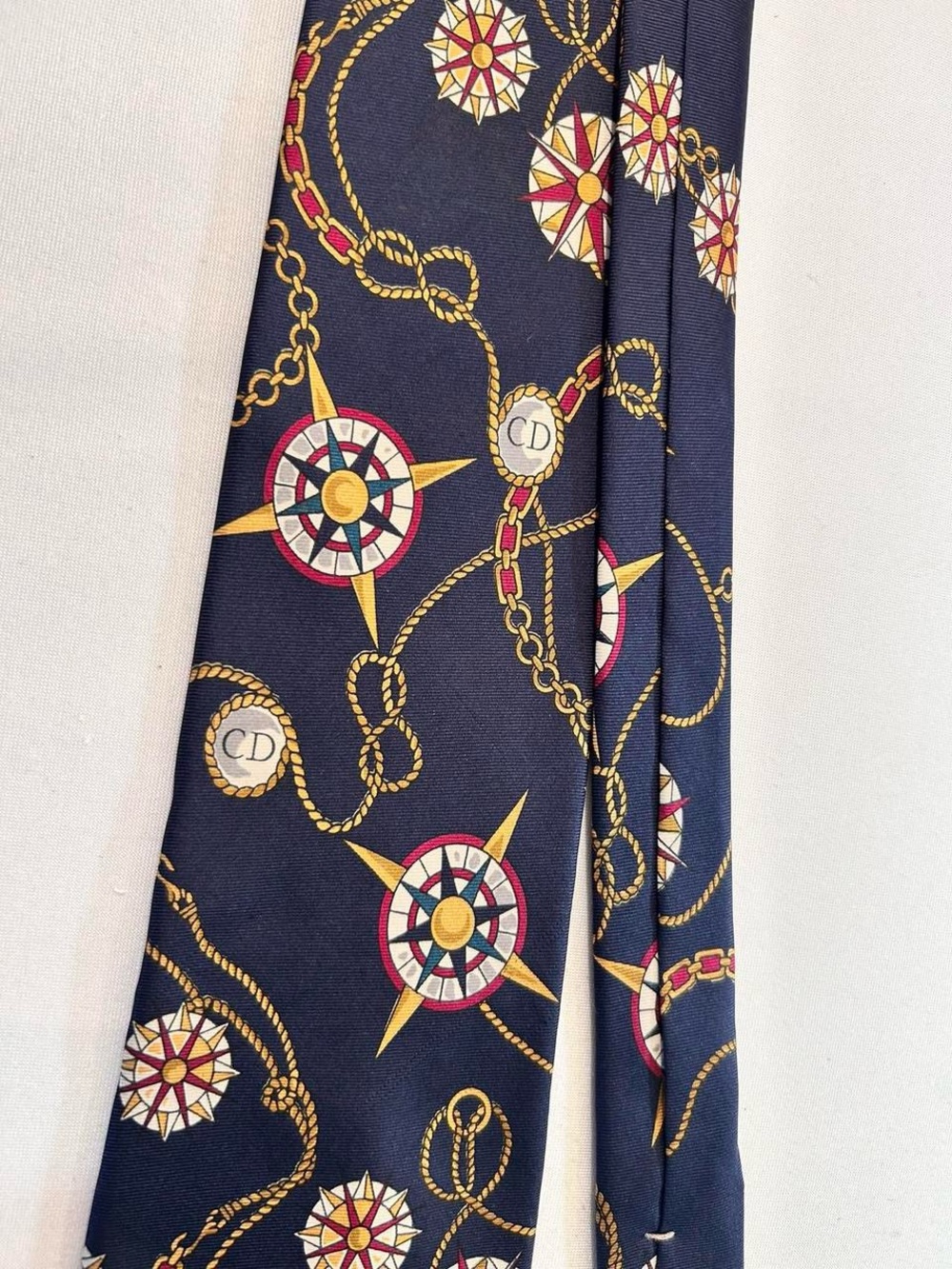 Christian Dior Monsieur Navy Silk Tie Gold Chain Compass Accent Vintage 1990s